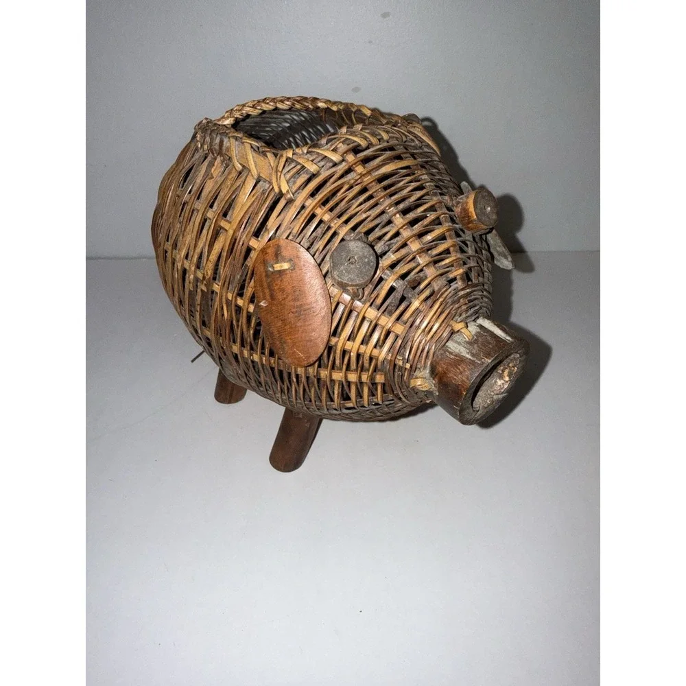 Vintage woven bamboo wicker pig basket planter boho cottagecore decor farmhouse